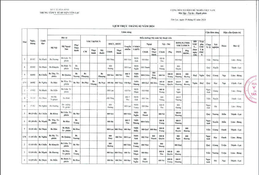 Lịch trực tháng 2/2024