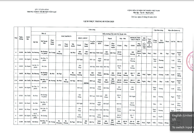 Lịch trực tháng 5/2024