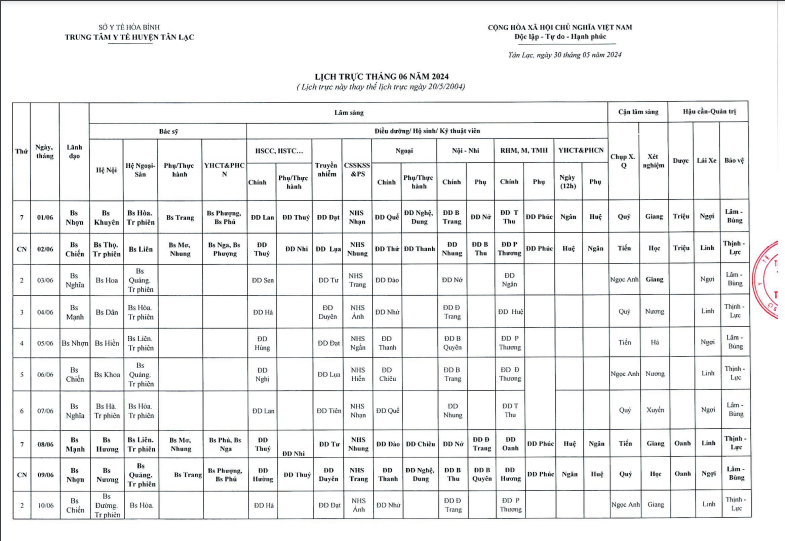 Lịch trực tháng 6/2024