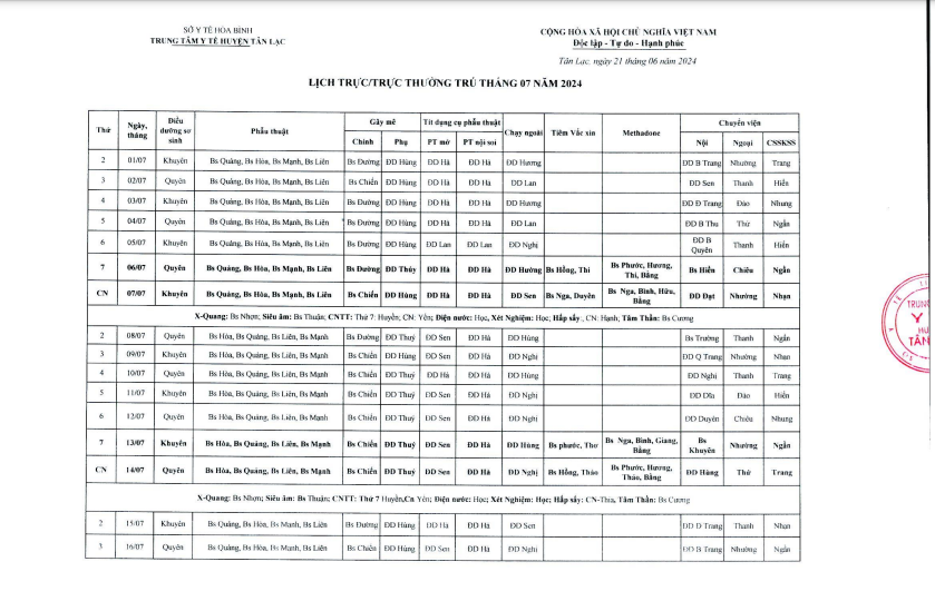 Lịch trực tháng 7/2024