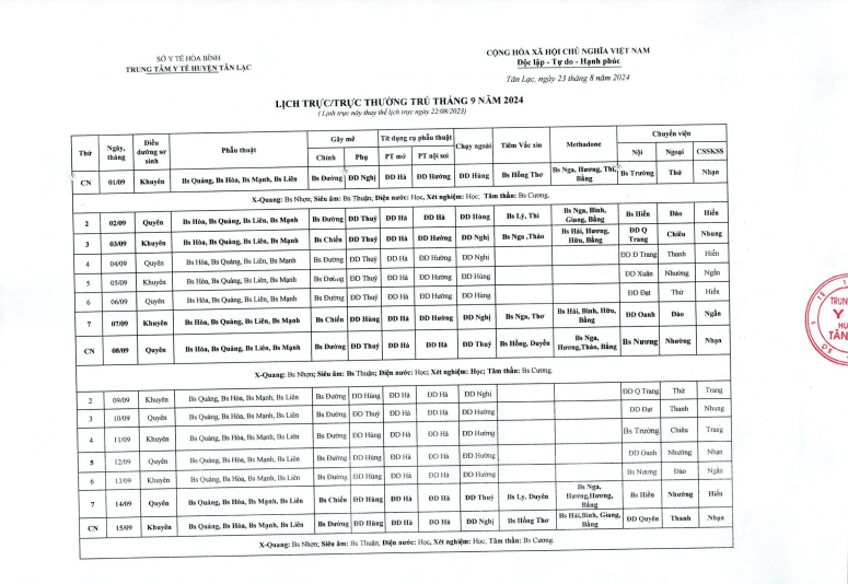 Lịch trực tháng 9.2024