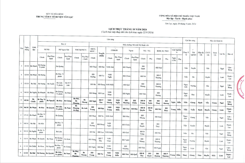 Lịch trực tháng 10.2024