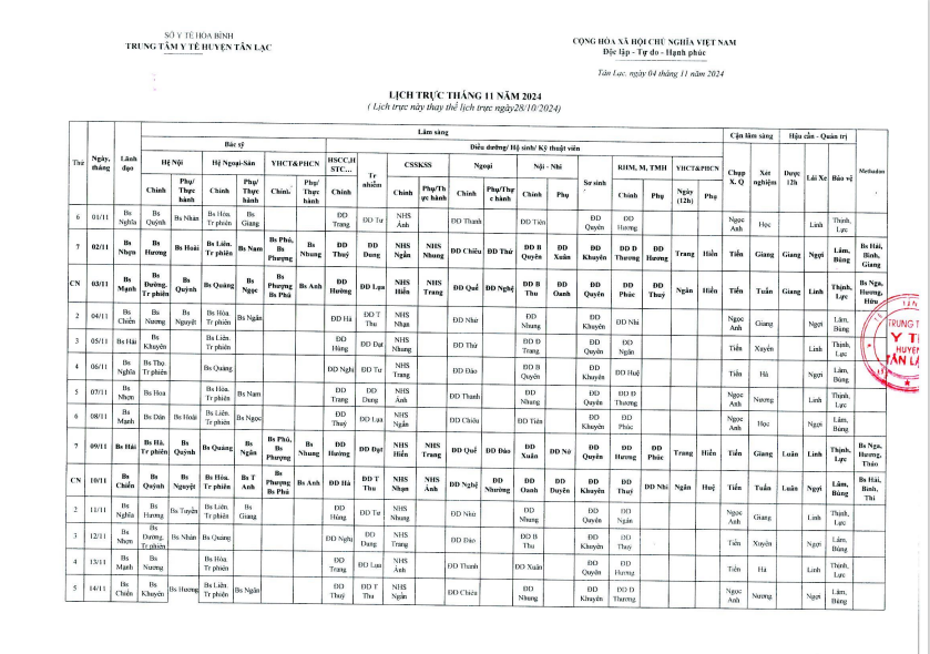 Lịch trực tháng 11.2024