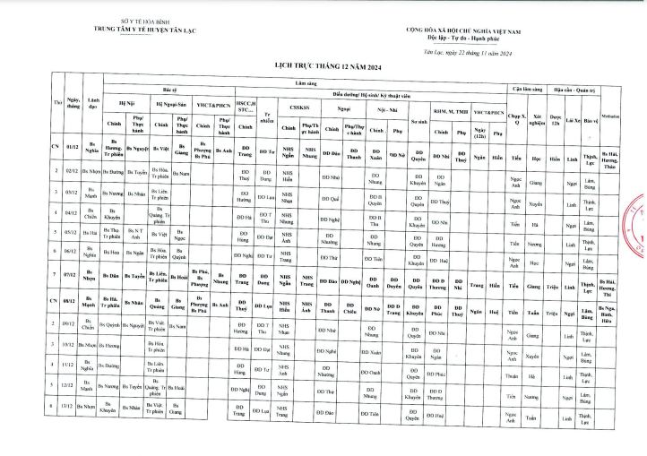 Lịch trực tháng 12. 2024