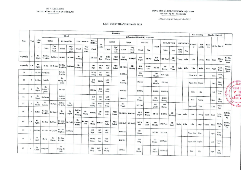 Lịch trực tháng 2.2025