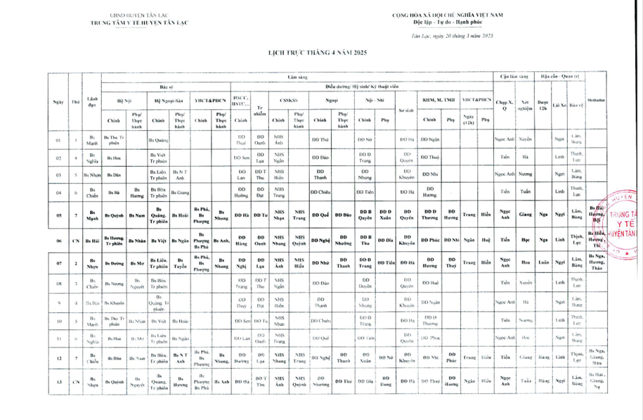 Lịch trực tháng 4. 2025